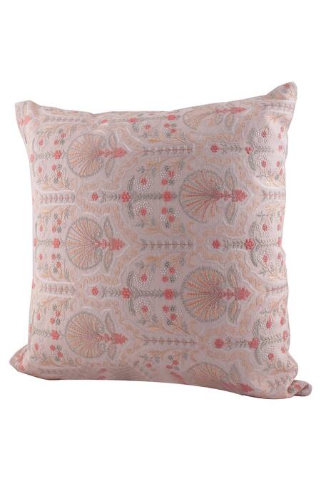 Shop_Khaabka_Cream Chanderi Silk Embroidery Cushion Cover - Set Of 2_Online_at_Aza_Fashions