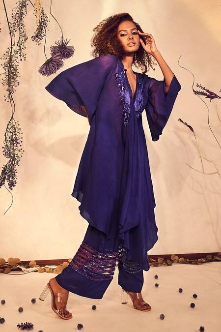 Babita Malkani_Purple Silk V Neck A-line Tunic And Pant Set _Online_at_Aza_Fashions