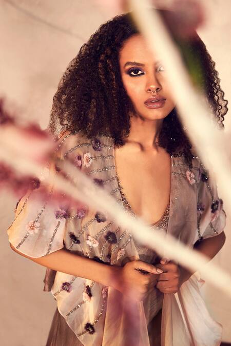 Shop_Babita Malkani_Brown Silk, Organza V-neck Cape And Flared Pant Set _Online_at_Aza_Fashions