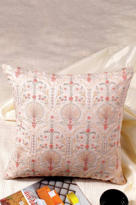 Buy_Khaabka_Cream Chanderi Silk Embroidery Cushion Cover - Set Of 2