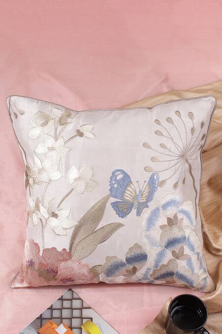 Buy_Khaabka_Brown Silk Embroidery Butterfly Cushion Cover - Set Of 2