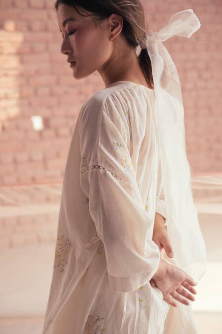 Buy_Itr By Khyati Pande_Off White Handloom Cotton Embroidery Floral Hand Block Printed Kimono Dress_Online_at_Aza_Fashions