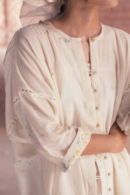 Shop_Itr By Khyati Pande_Off White Handloom Cotton Embroidery Floral Hand Block Printed Kimono Dress_Online_at_Aza_Fashions