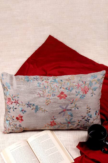 Buy Khaabka Grey Jacquard Silk Embroidery Cushion Cover - Set Of 2 Buy_Khaabka_Grey Jacquard Silk Embroidery Cushion Cover - Set Of 2