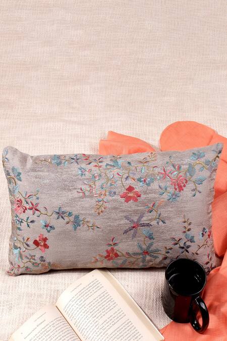 Shop Khaabka Grey Jacquard Silk Embroidery Cushion Cover - Set Of 2 Shop_Khaabka_Grey Jacquard Silk Embroidery Cushion Cover - Set Of 2