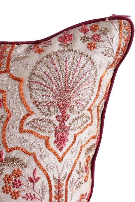 Buy_Khaabka_Pink Chanderi Silk Embroidery Floral Pattern Cushion Cover - Set Of 2_Online_at_Aza_Fashions