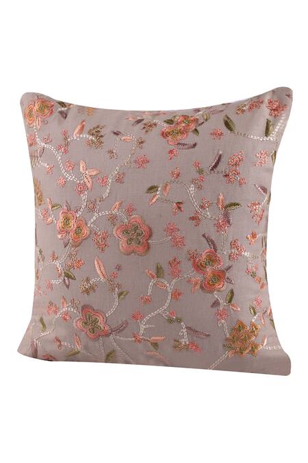 Shop_Khaabka_Pink Cotton Linen Embroidery Blossom Cushion Cover - Set Of 2_Online_at_Aza_Fashions