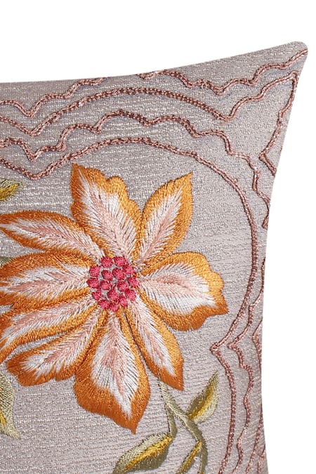 Khaabka_Grey Jacquard Silk Embroidery Border Cushion Cover - Set Of 2_Online_at_Aza_Fashions