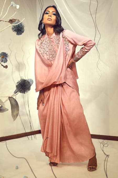 Shop_Babita Malkani_Pink Silk Beads Mandarin Collar Draped Top And Skirt Set _Online_at_Aza_Fashions