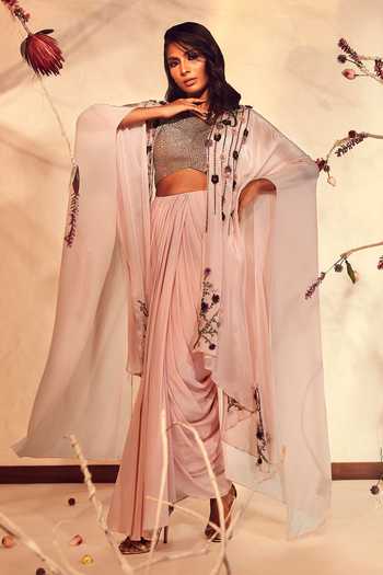 BABITA M_Pink Silk, Crepe Embroidery Round Neck Cape And Dhoti Skirt Set _Online_at_Aza_Fashions