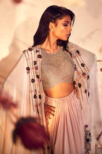 Buy_BABITA M_Pink Silk, Crepe Embroidery Round Neck Cape And Dhoti Skirt Set _Online_at_Aza_Fashions