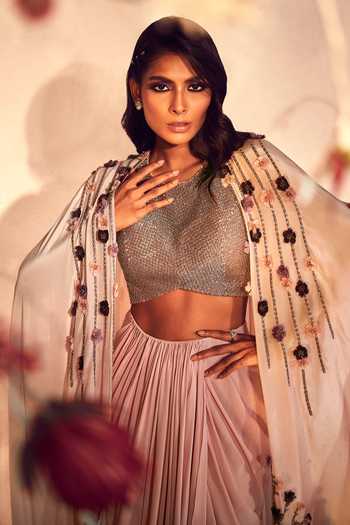 Shop_BABITA M_Pink Silk, Crepe Embroidery Round Neck Cape And Dhoti Skirt Set _Online_at_Aza_Fashions