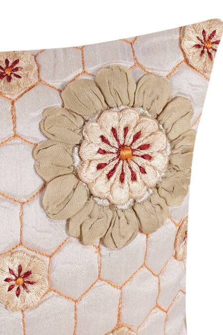 Khaabka Off White Silk Quilted Floral Embroidered Cushion Cover - Set 2 Online at Aza Fashions Khaabka_Off White Silk Quilted Floral Embroidered Cushion Cover - Set 2_Online_at_Aza_Fashions