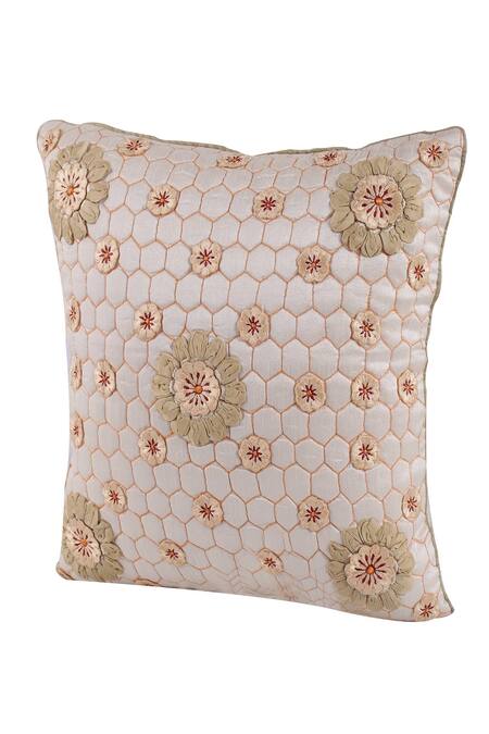 Buy Khaabka Off White Silk Quilted Floral Embroidered Cushion Cover - Set 2 Online at Aza Fashions Buy_Khaabka_Off White Silk Quilted Floral Embroidered Cushion Cover - Set 2_Online_at_Aza_Fashions