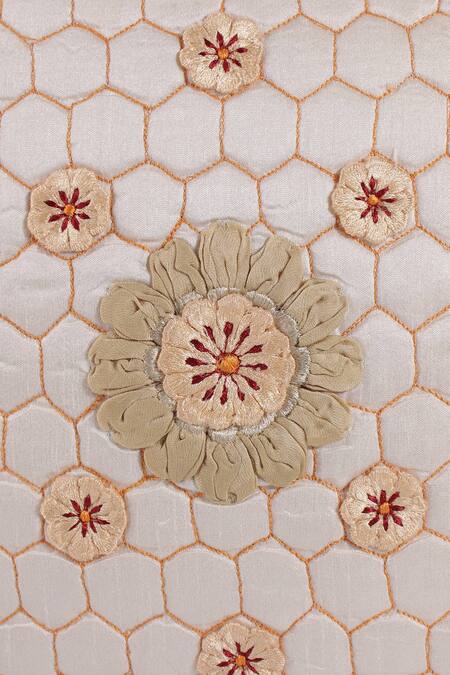 Shop Khaabka Off White Silk Quilted Floral Embroidered Cushion Cover - Set 2 Online at Aza Fashions Shop_Khaabka_Off White Silk Quilted Floral Embroidered Cushion Cover - Set 2_Online_at_Aza_Fashions