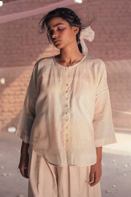 Itr By Khyati Pande_Off White Handloom Cotton, Silk Embroidery Constella Hand Block Printed Shirt_Online_at_Aza_Fashions