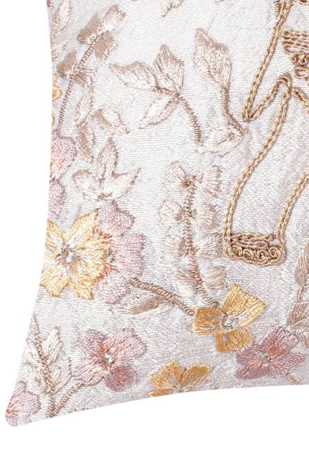 Khaabka_Off White Silk Embroidery Elephant Cushion Cover - Set 2_Online_at_Aza_Fashions