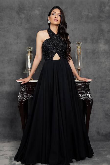 Sunita Bhandari Black Viscose, Organza Embroidery Halter Neck Yoke Gown Online at Aza Fashions Sunita Bhandari_Black Viscose, Organza Embroidery Halter Neck Yoke Gown _Online_at_Aza_Fashions