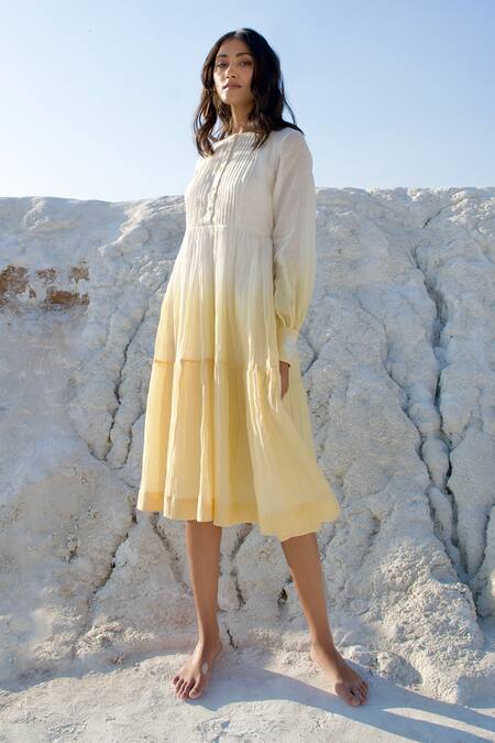 The Loom Art_White Chanderi Silk Embroidery Boat Neck Button Placket Tiered Dress _Online_at_Aza_Fashions