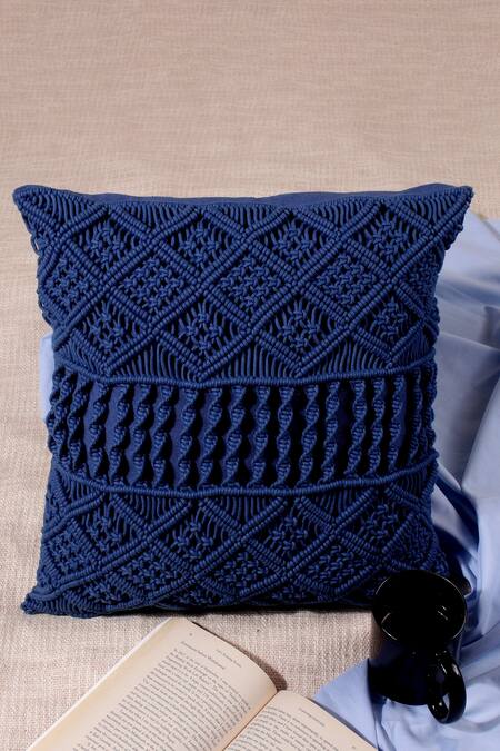 Buy_Khaabka_Blue Cotton Crochet Cushion Cover - Set Of 2