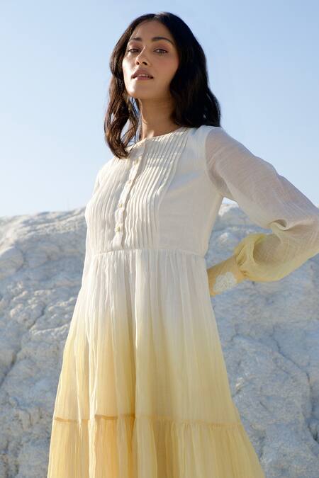 Buy_The Loom Art_White Chanderi Silk Embroidery Boat Neck Button Placket Tiered Dress _Online_at_Aza_Fashions