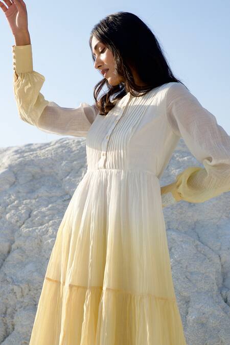 Shop_The Loom Art_White Chanderi Silk Embroidery Boat Neck Button Placket Tiered Dress _Online_at_Aza_Fashions