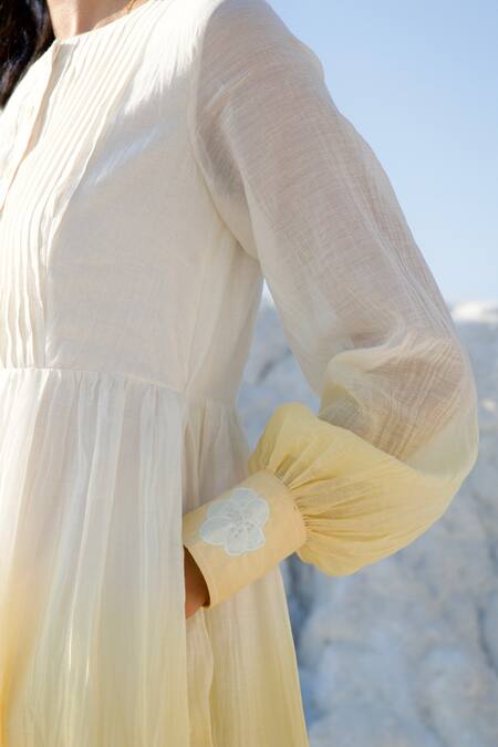 The Loom Art_White Chanderi Silk Embroidery Boat Neck Button Placket Tiered Dress _at_Aza_Fashions