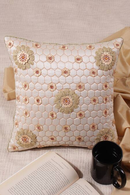Buy Khaabka Off White Silk Quilted Floral Embroidered Cushion Cover - Set 2 Buy_Khaabka_Off White Silk Quilted Floral Embroidered Cushion Cover - Set 2