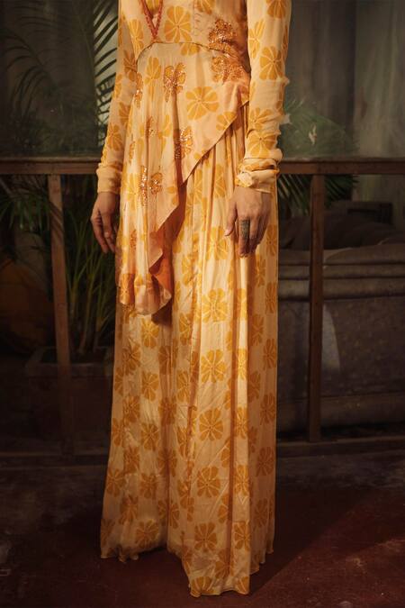 Buy_Suave_Orange Chiffon Embroidery, Sequins Bloom Print Asymmetric Kurta Gharara Set _Online_at_Aza_Fashions