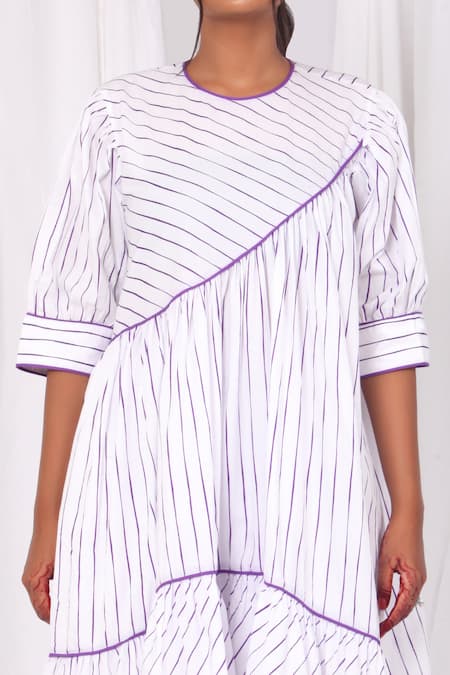 Khat White Poplin, Cotton Round Neck Striped Print Kurta And Pant Set Online at Aza Fashions Khat_White Poplin, Cotton Round Neck Striped Print Kurta And Pant Set _Online_at_Aza_Fashions