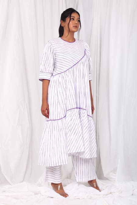 Buy Khat White Poplin, Cotton Round Neck Striped Print Kurta And Pant Set Online at Aza Fashions Buy_Khat_White Poplin, Cotton Round Neck Striped Print Kurta And Pant Set _Online_at_Aza_Fashions