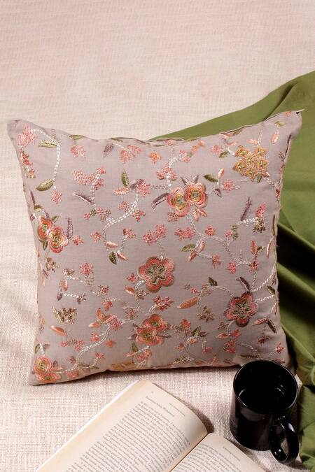 Buy_Khaabka_Pink Cotton Linen Embroidery Blossom Cushion Cover - Set Of 2