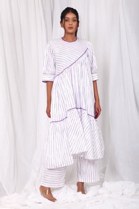 Shop Khat White Poplin, Cotton Round Neck Striped Print Kurta And Pant Set Online at Aza Fashions Shop_Khat_White Poplin, Cotton Round Neck Striped Print Kurta And Pant Set _Online_at_Aza_Fashions