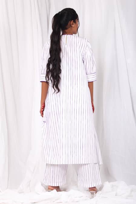 Khat White Poplin, Cotton Round Neck Striped Print Kurta And Pant Set at Aza Fashions Khat_White Poplin, Cotton Round Neck Striped Print Kurta And Pant Set _at_Aza_Fashions