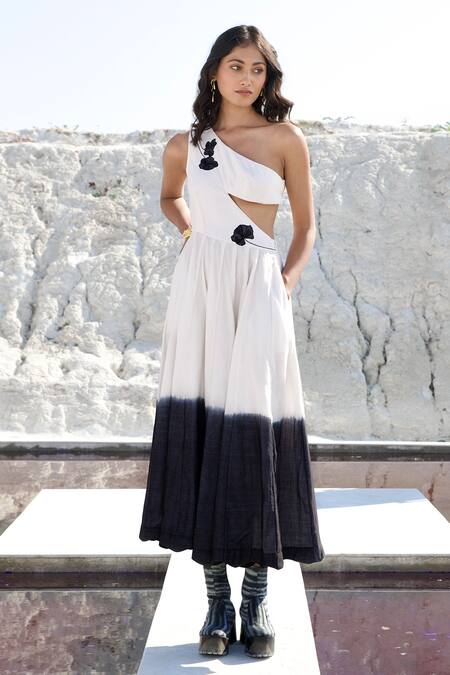 The Loom Art_White Chanderi Silk Embroidery Asymmetric One Shoulder Cut-out Dress _Online_at_Aza_Fashions