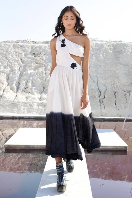 Buy_The Loom Art_White Chanderi Silk Embroidery Asymmetric One Shoulder Cut-out Dress _Online_at_Aza_Fashions