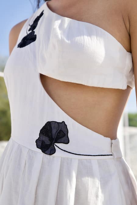 Shop_The Loom Art_White Chanderi Silk Embroidery Asymmetric One Shoulder Cut-out Dress _Online_at_Aza_Fashions