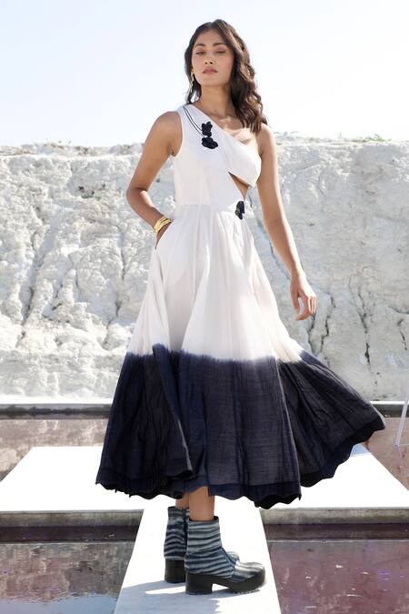 The Loom Art_White Chanderi Silk Embroidery Asymmetric One Shoulder Cut-out Dress _at_Aza_Fashions