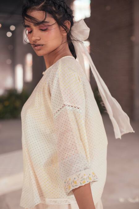 Shop_Itr By Khyati Pande_Off White Handloom Cotton, Silk Embroidery Constella Hand Block Printed Shirt_Online_at_Aza_Fashions