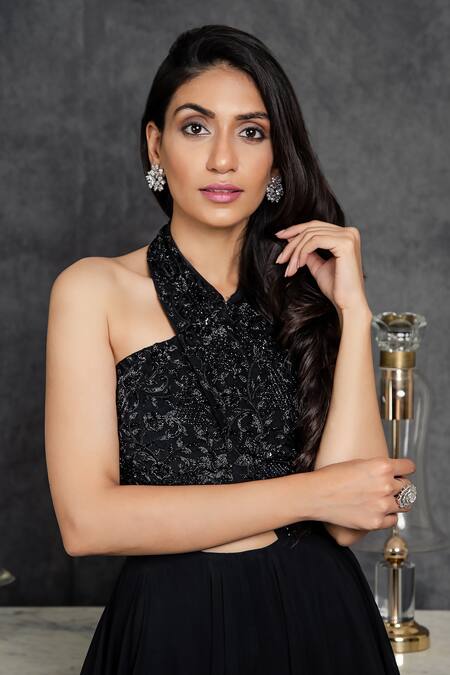 Buy Sunita Bhandari Black Viscose, Organza Embroidery Halter Neck Yoke Gown Online at Aza Fashions Buy_Sunita Bhandari_Black Viscose, Organza Embroidery Halter Neck Yoke Gown _Online_at_Aza_Fashions
