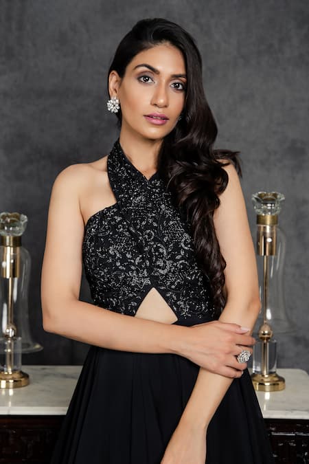 Shop Sunita Bhandari Black Viscose, Organza Embroidery Halter Neck Yoke Gown Online at Aza Fashions Shop_Sunita Bhandari_Black Viscose, Organza Embroidery Halter Neck Yoke Gown _Online_at_Aza_Fashions