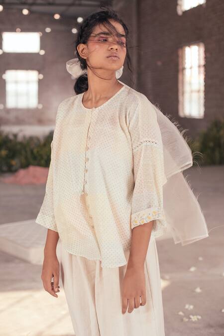Itr By Khyati Pande_Off White Handloom Cotton, Silk Embroidery Constella Hand Block Printed Shirt_at_Aza_Fashions