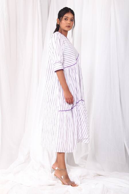 Khat White Cotton, Poplin Round Neck Striped Print Tiered Dress Online at Aza Fashions Khat_White Cotton, Poplin Round Neck Striped Print Tiered Dress _Online_at_Aza_Fashions