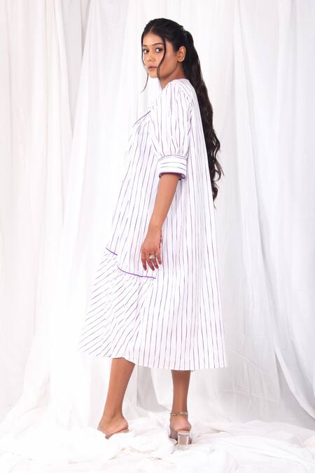 Buy Khat White Cotton, Poplin Round Neck Striped Print Tiered Dress Online at Aza Fashions Buy_Khat_White Cotton, Poplin Round Neck Striped Print Tiered Dress _Online_at_Aza_Fashions