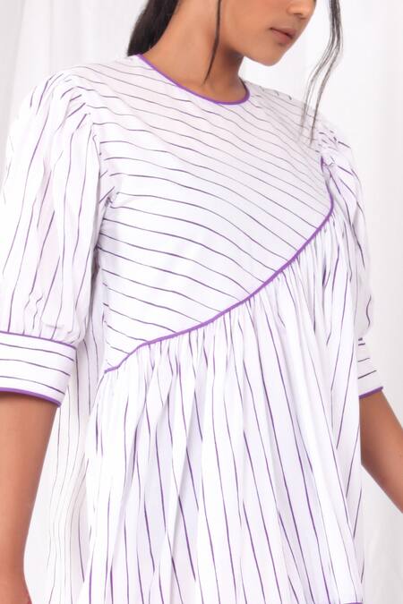 Shop Khat White Cotton, Poplin Round Neck Striped Print Tiered Dress Online at Aza Fashions Shop_Khat_White Cotton, Poplin Round Neck Striped Print Tiered Dress _Online_at_Aza_Fashions