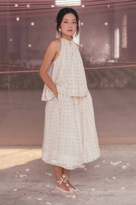 Itr By Khyati Pande_Off White Handloom Cotton, Silk Lace Orchid Peasant Polka Dot Pattern Skirt_Online_at_Aza_Fashions