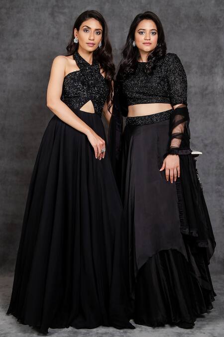 Sunita Bhandari Black Viscose, Organza Embroidery Halter Neck Yoke Gown at Aza Fashions Sunita Bhandari_Black Viscose, Organza Embroidery Halter Neck Yoke Gown _at_Aza_Fashions