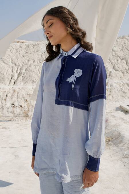 The Loom Art_Blue Chanderi Silk Embroidery Shawl Neck Stitch Line Shirt And Pant Set _at_Aza_Fashions