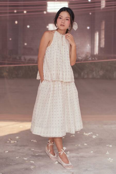 Buy_Itr By Khyati Pande_Off White Handloom Cotton, Silk Lace Halter Neck Orchid Summer Top_Online_at_Aza_Fashions