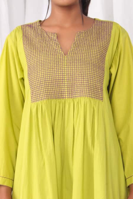 Khat Green Cotton, Poplin Embroidery V-neck Checkered Flared Dress Online at Aza Fashions Khat_Green Cotton, Poplin Embroidery V-neck Checkered Flared Dress _Online_at_Aza_Fashions